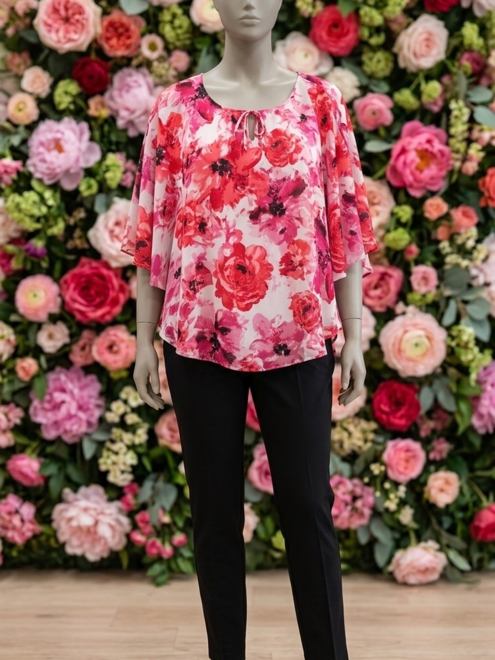 Rebecca Malone Pink and Red Floral Tie-Neck Blouse